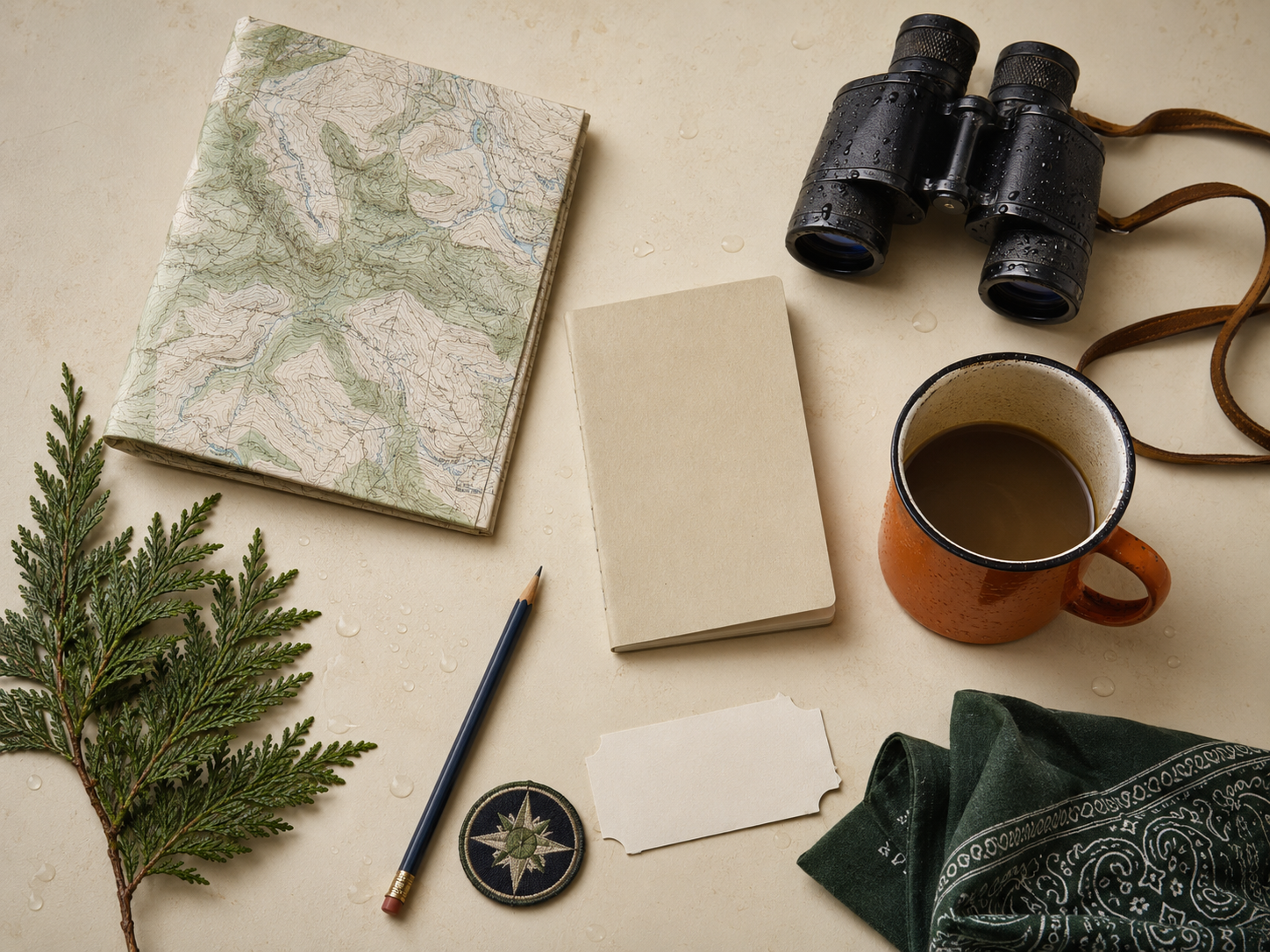 Illustrative Pacific Northwest field kit with map, booklet, binoculars, mug, and patch